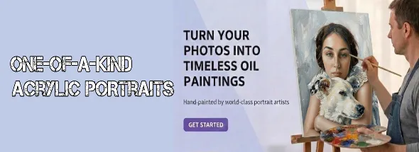 Hand‑crafted acrylic portrait transforming a photo into vibrant painted artwork.